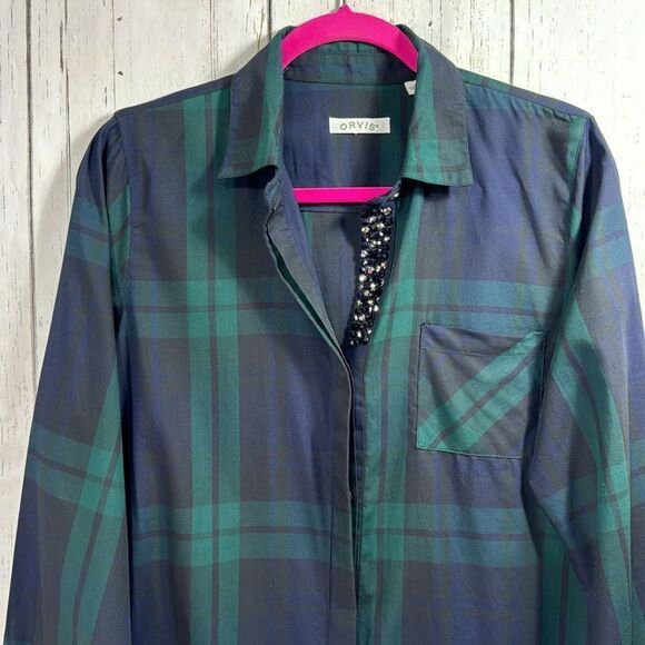 Orvis Womens Plaid Button Down Shirt with Beaded Trim Green Navy Preppy Classic - Picture 2 of 16